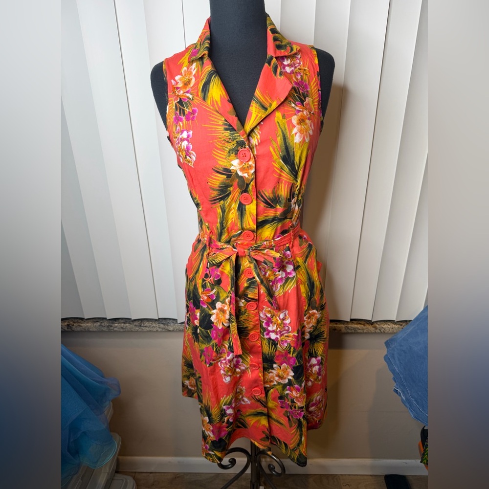 Mlle Gabrielle coral shirt dress vibrant tropical floral Cotton Size Large